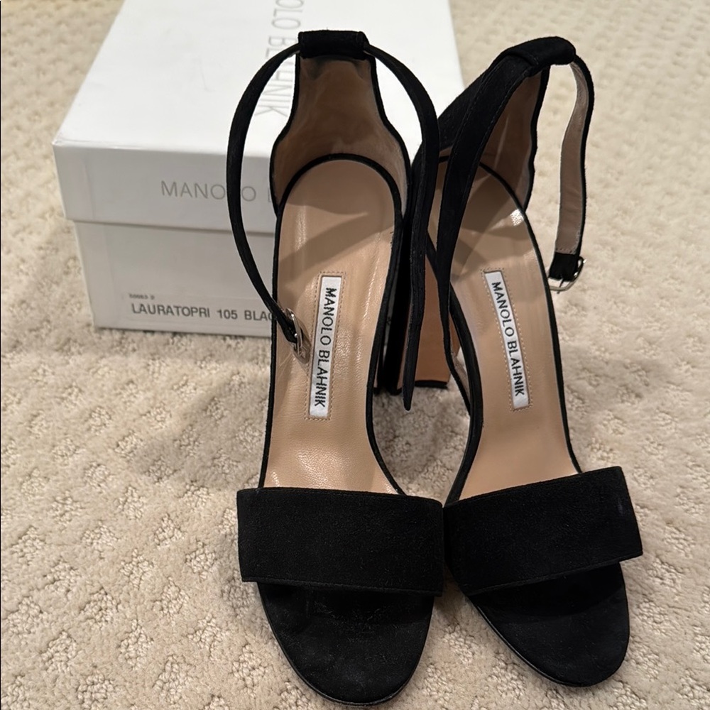 Manolo Blahnik Lauratopri Black Suede Women's Sandals, size 8, with box and bag